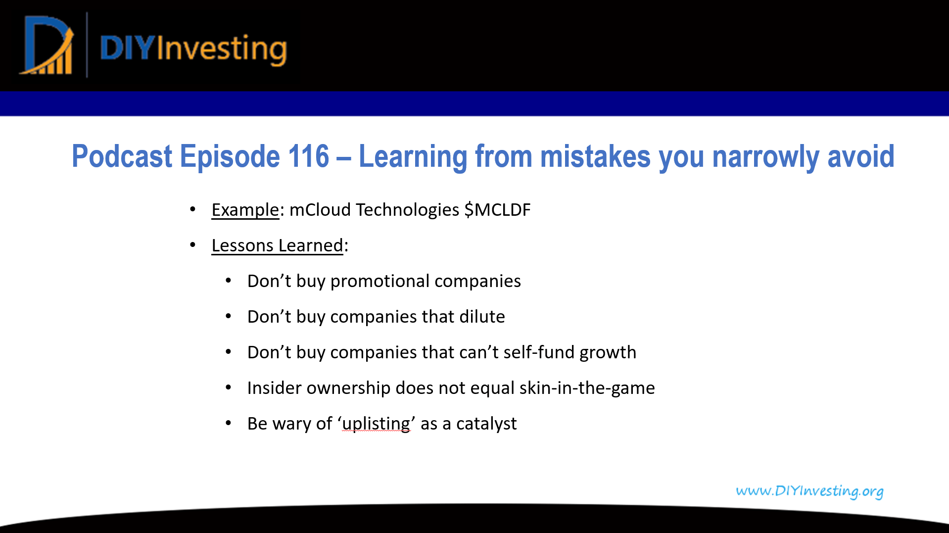 Podcast episode 116 - Learning from mistakes you narrowly avoid using mCloud Technologies $MCLDF as an example