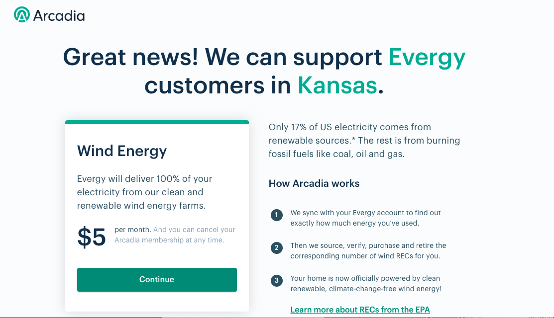 Screenshot of available options from Arcadia Power for the Kansas area.