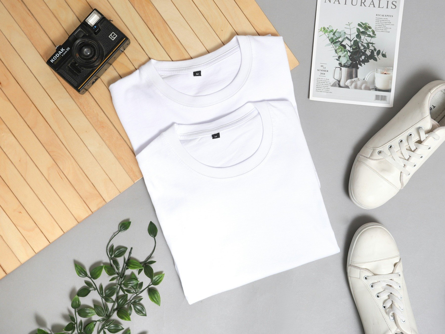 Two white shirts, sneakers and camera
