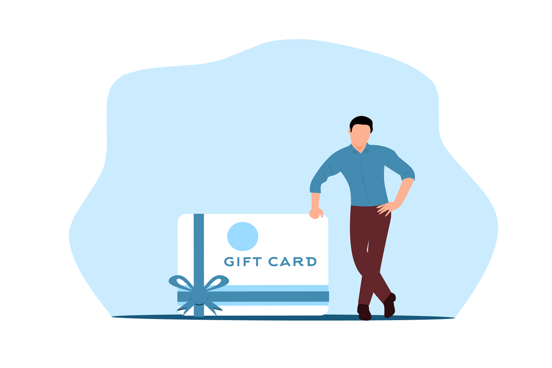 A graphics of a cartoon man standing beside a gift card