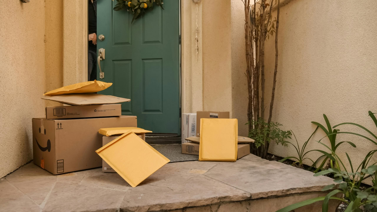packages sitting at front door of a home