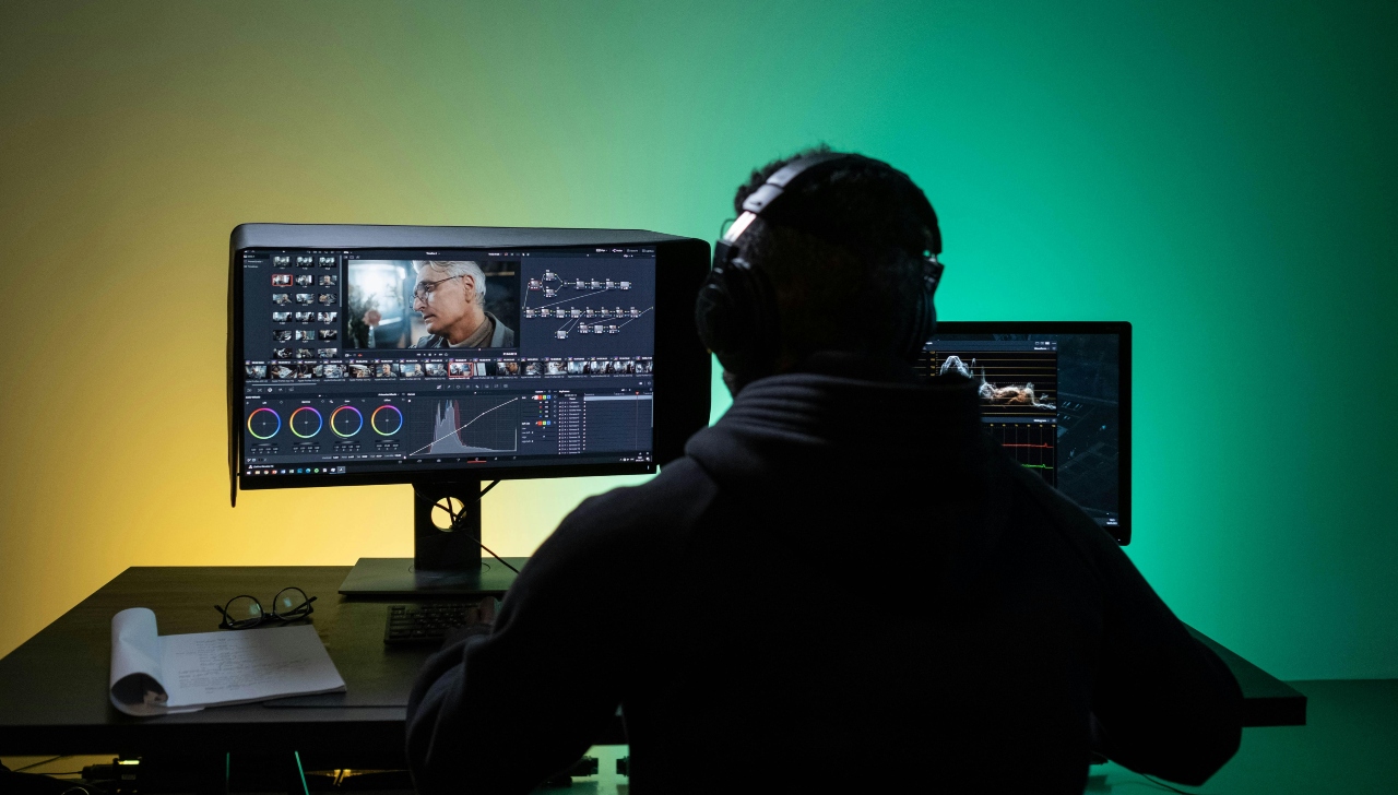 silhouette of a man at a computer editing a video