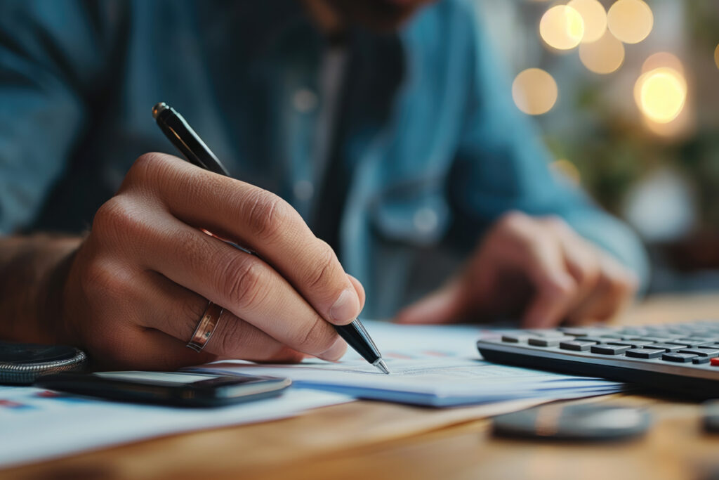 Close-up of a person writing on paper with a pen next to a calculator and smartphone.