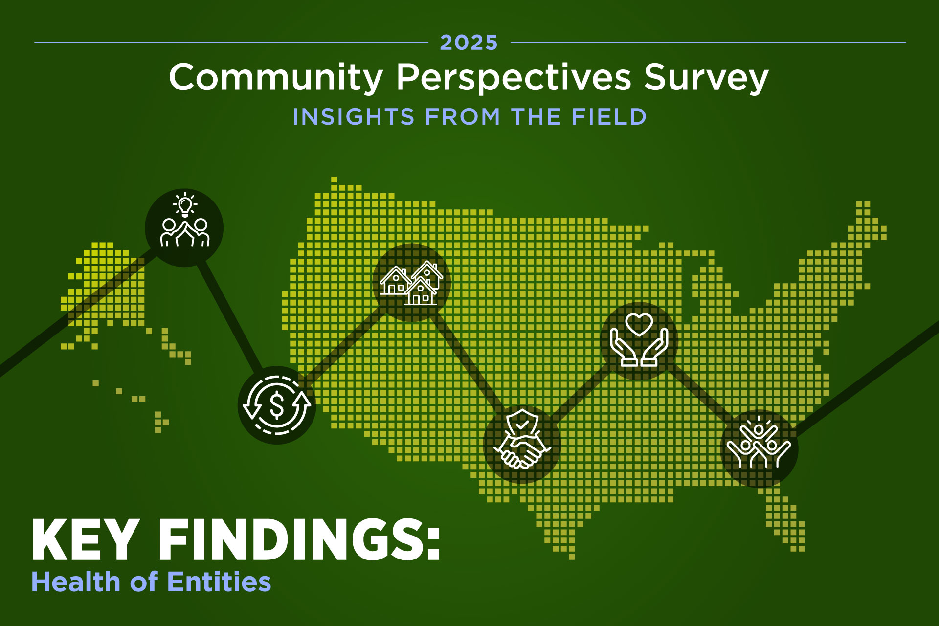 Map of the United States with iconographic showing collaboration, saving, housing, health, and community.