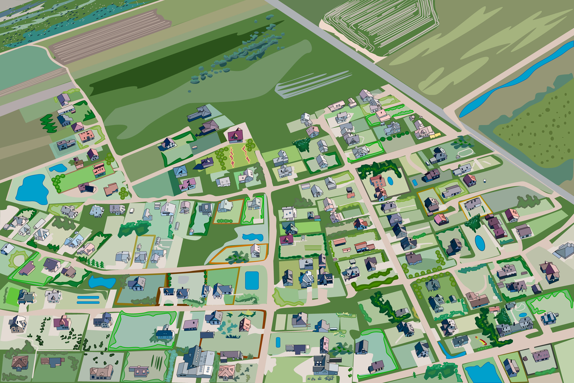 Country neighborhood top view with home roofs and meadows. Town from above. Suburban map. Big countryside. Stock vector illustration